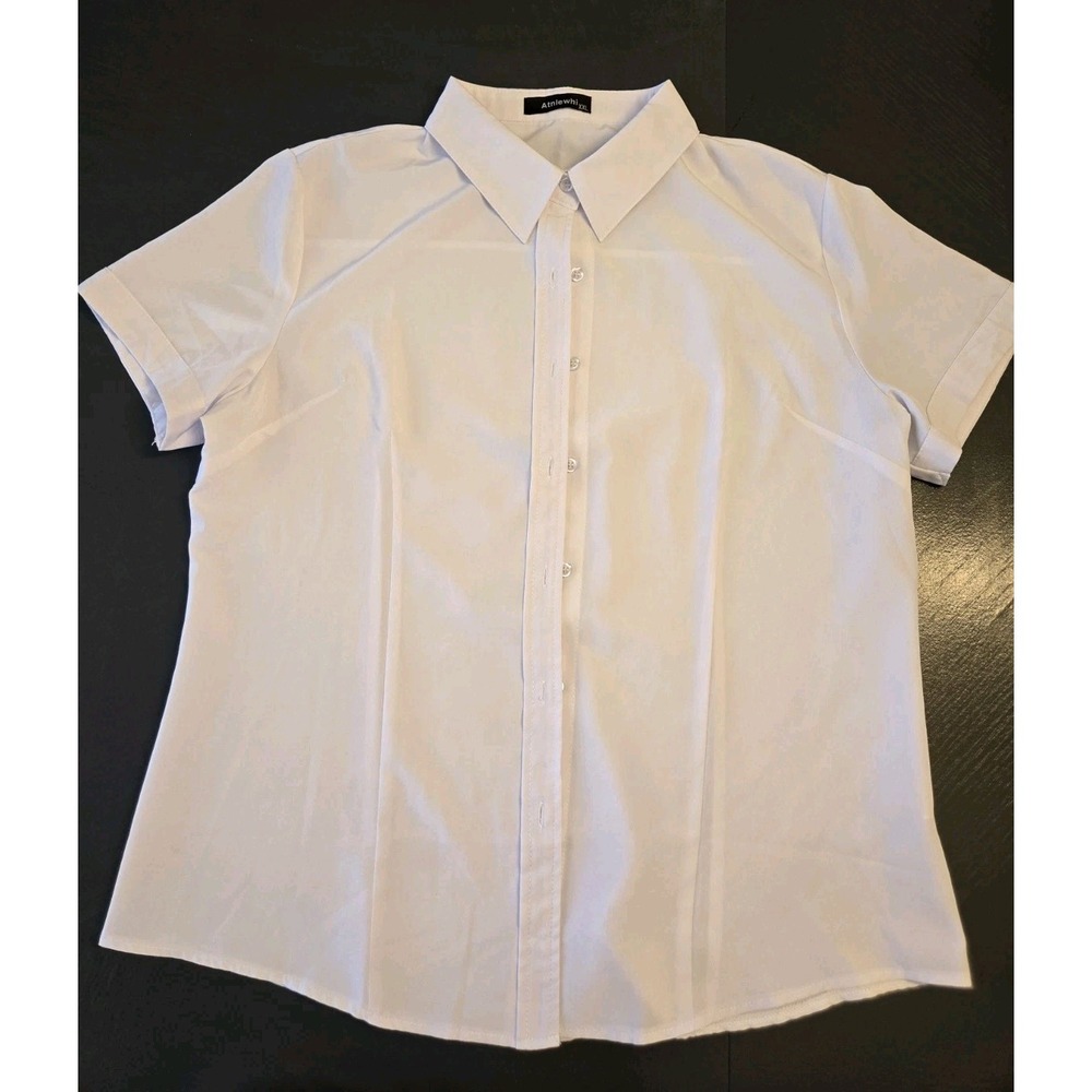 Atnlewhi White Collared Short Sleeve Button-Up Shirt XXL 95% Polyester